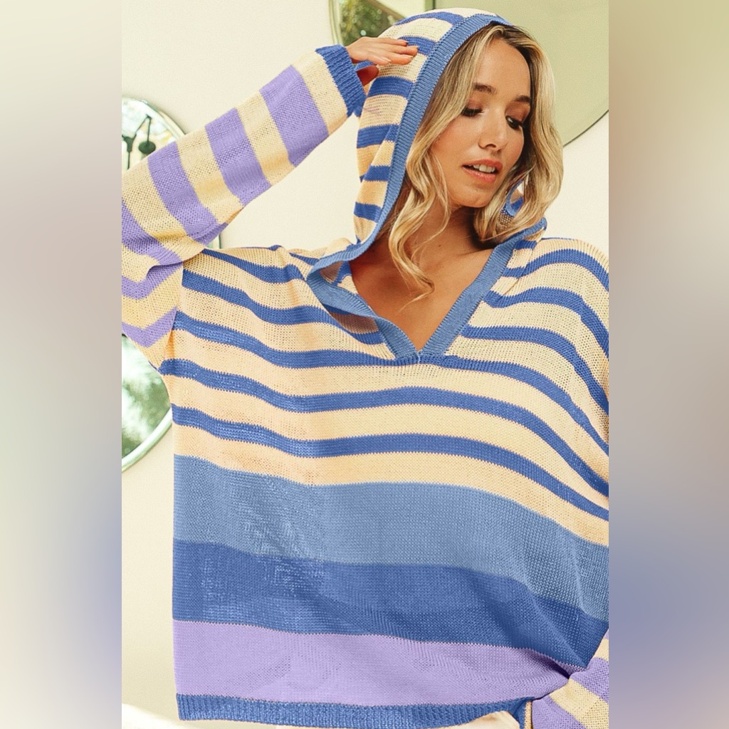 Bibi Striped Color Block Hooded Knit Top